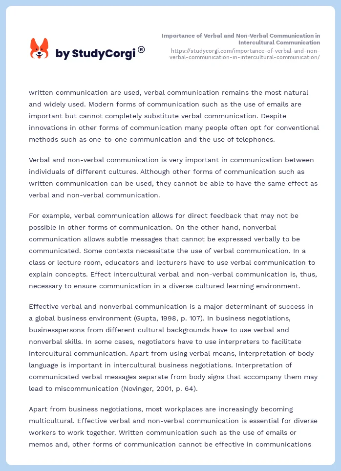 Importance of Verbal and Non-Verbal Communication in Intercultural Communication. Page 2