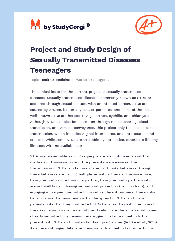 Project and Study Design of Sexually Transmitted Diseases Teeneagers. Page 1