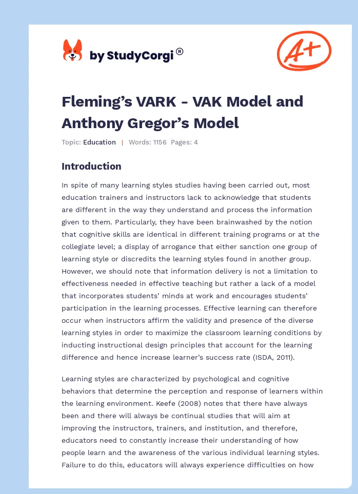 Fleming’s VARK - VAK Model and Anthony Gregor’s Model. Page 1