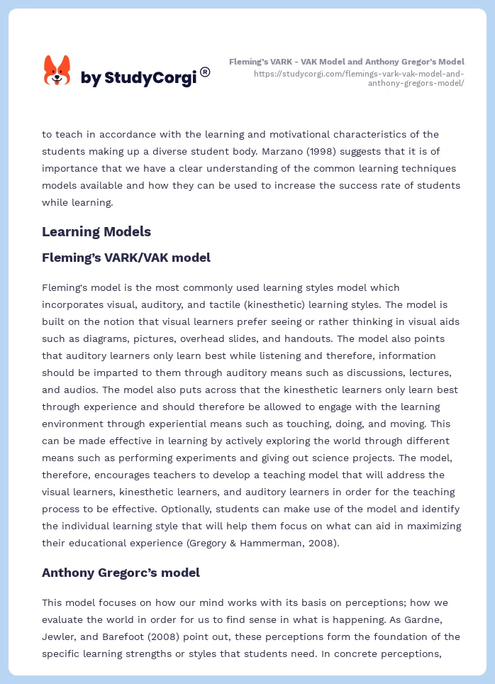 Fleming’s VARK - VAK Model and Anthony Gregor’s Model. Page 2