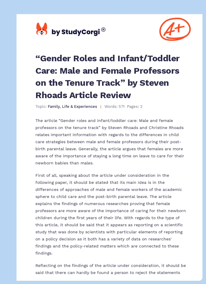 “Gender Roles and Infant/Toddler Care: Male and Female Professors on the Tenure Track” by Steven Rhoads Article Review. Page 1