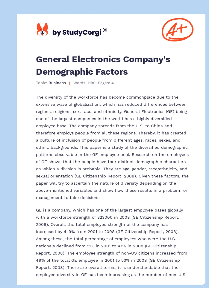 General Electronics Company's Demographic Factors. Page 1