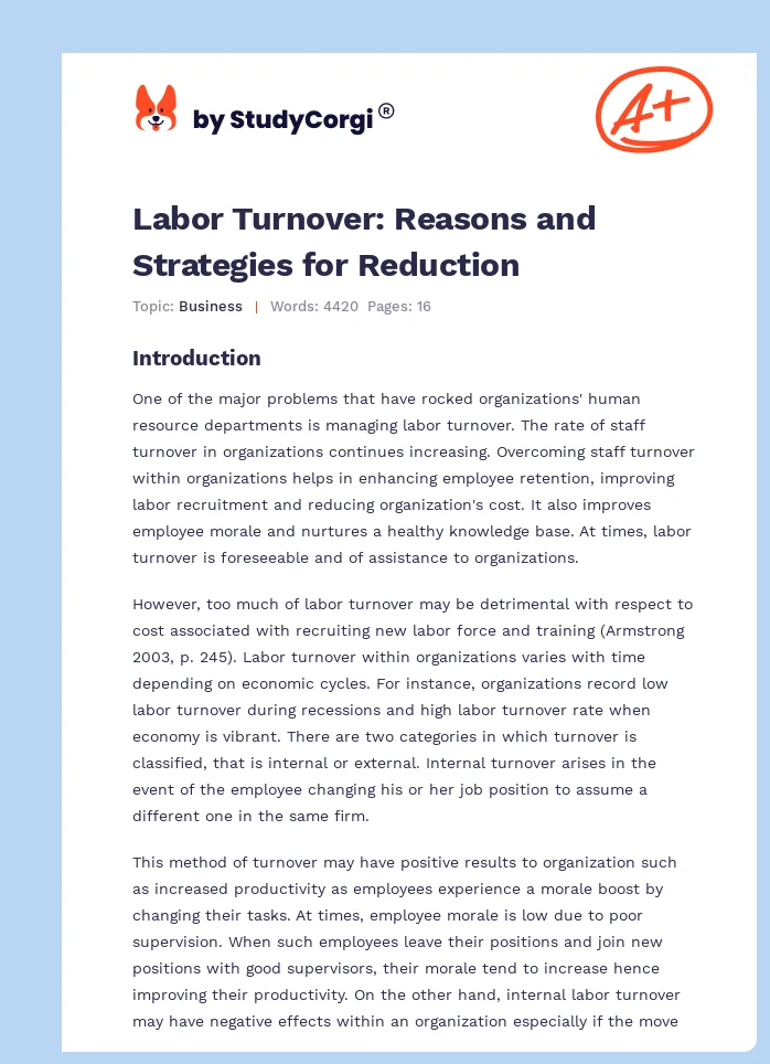 Labor Turnover: Reasons and Strategies for Reduction. Page 1