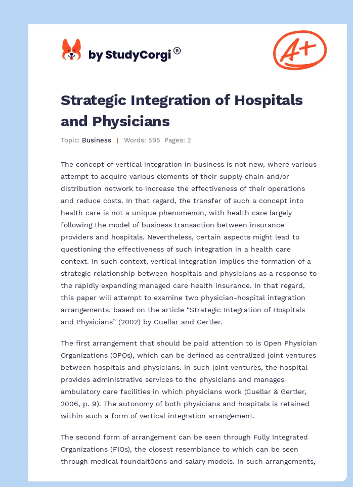 Strategic Integration of Hospitals and Physicians. Page 1