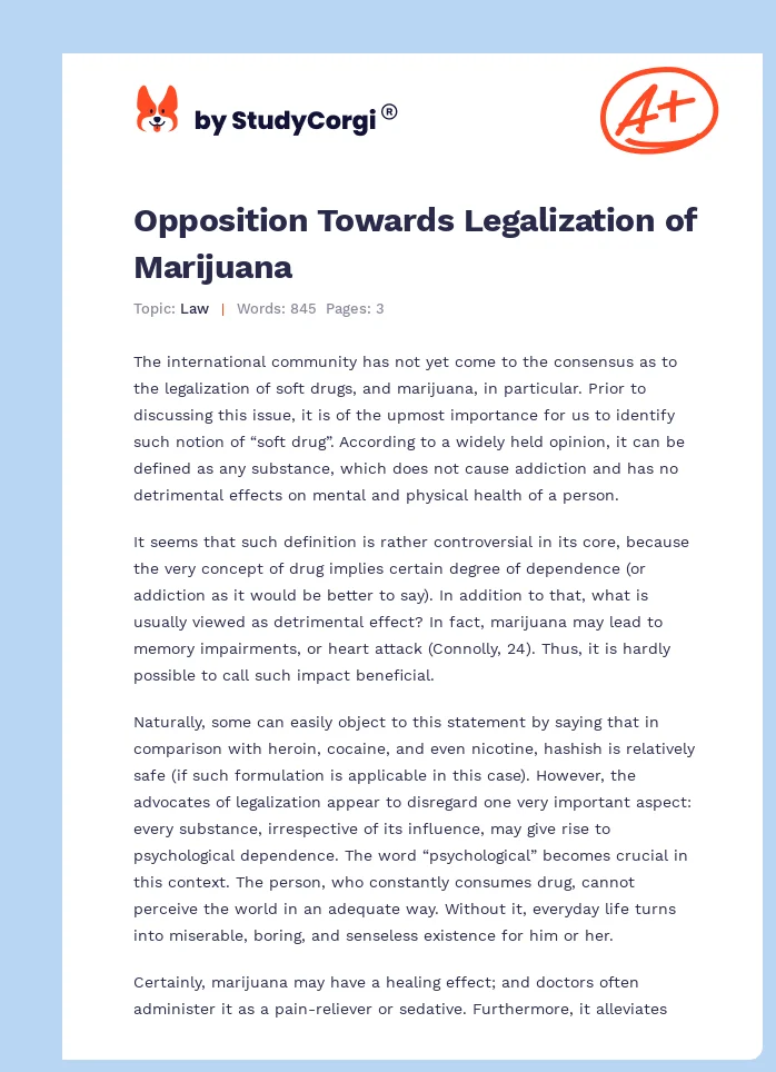 Opposition Towards Legalization of Marijuana. Page 1