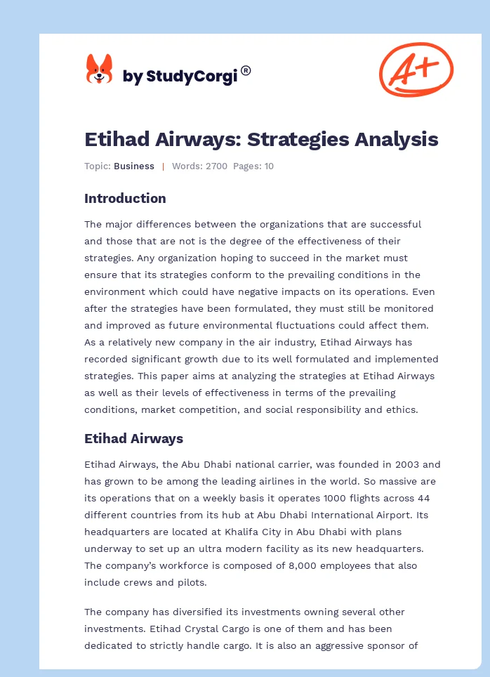 Etihad Airways: Strategies Analysis. Page 1