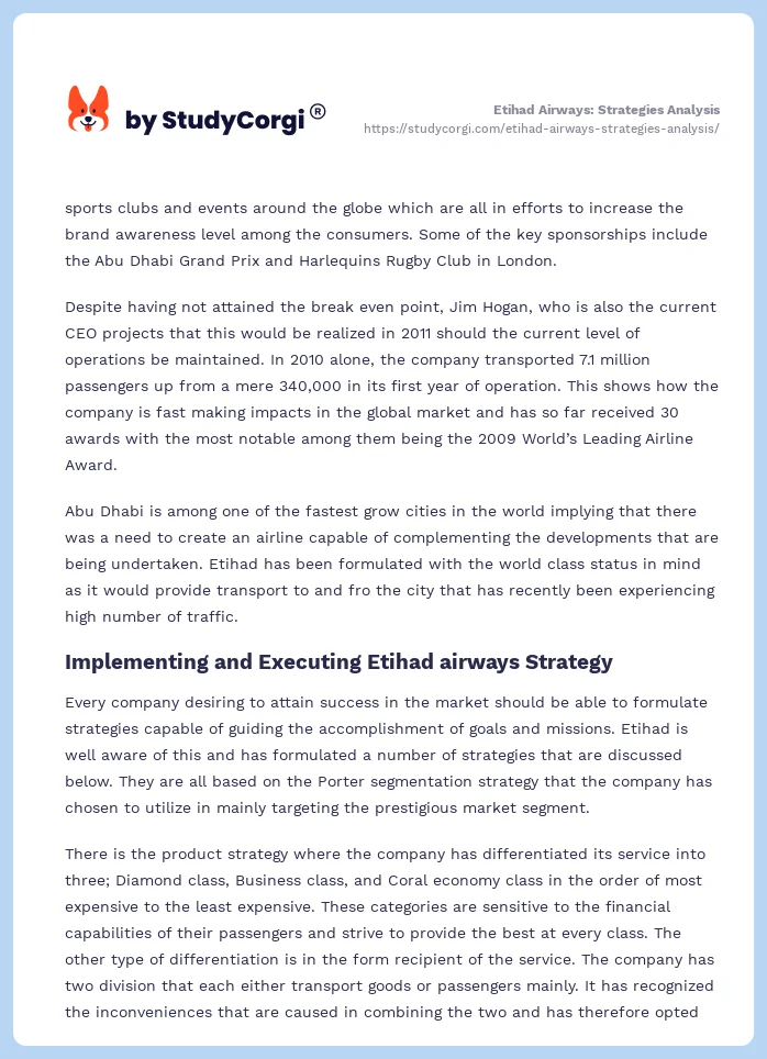Etihad Airways: Strategies Analysis. Page 2