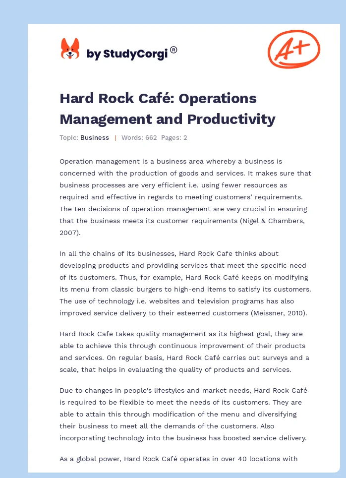 Hard Rock Café: Operations Management and Productivity. Page 1