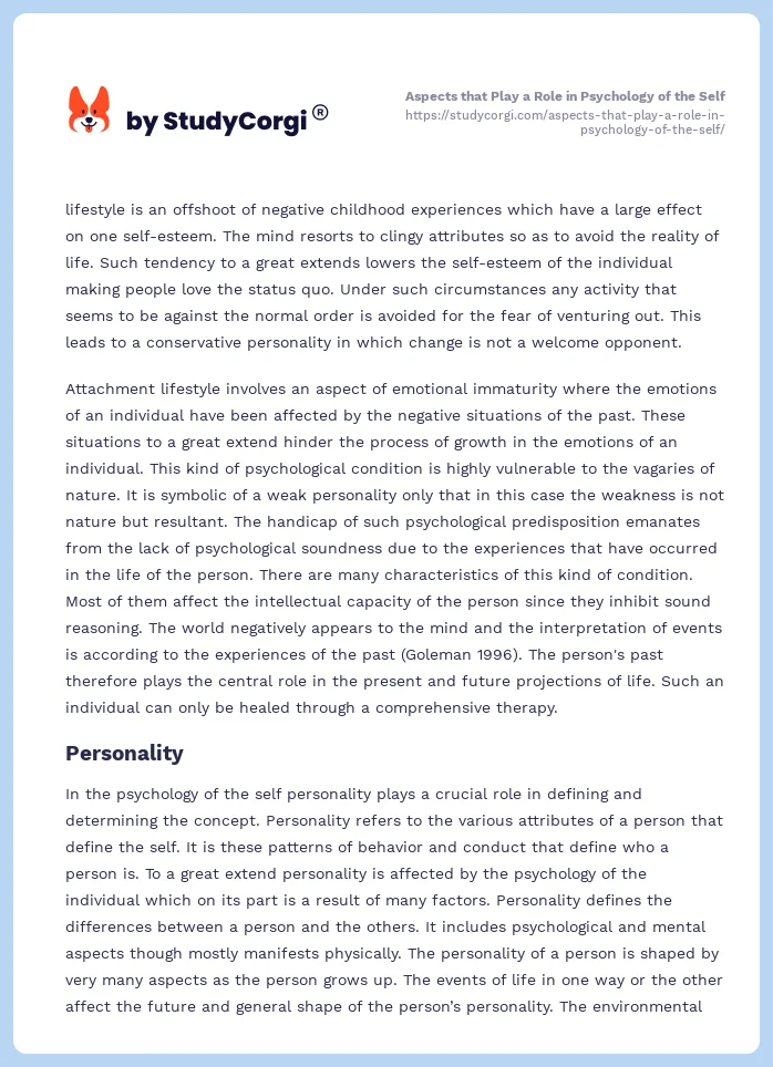 Aspects that Play a Role in Psychology of the Self. Page 2
