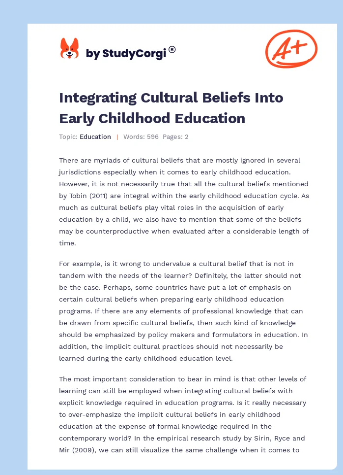 Integrating Cultural Beliefs Into Early Childhood Education. Page 1