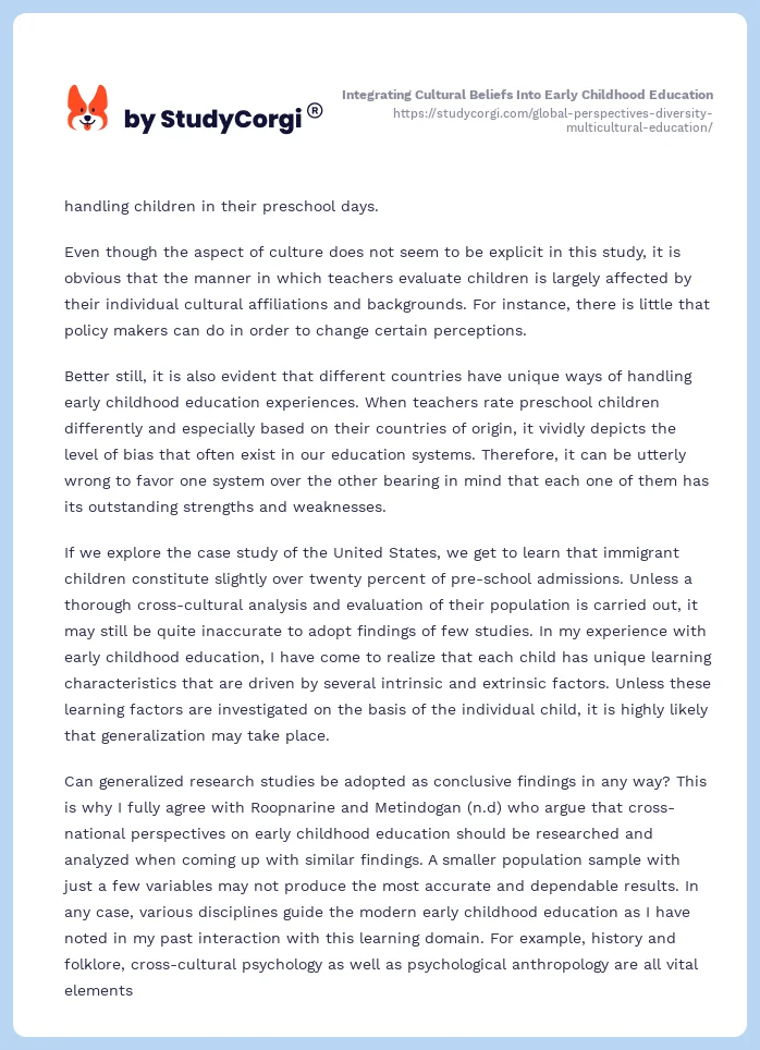 Integrating Cultural Beliefs Into Early Childhood Education. Page 2