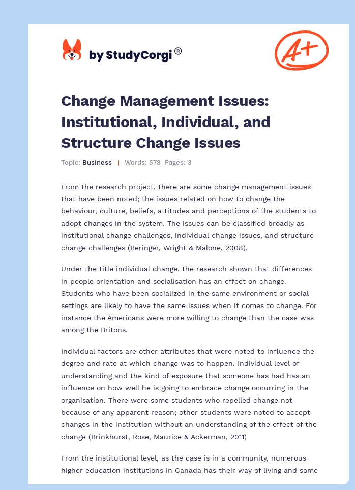 Change Management Issues: Institutional, Individual, and Structure Change Issues. Page 1
