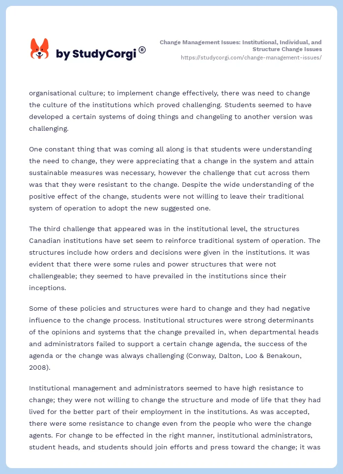Change Management Issues: Institutional, Individual, and Structure Change Issues. Page 2