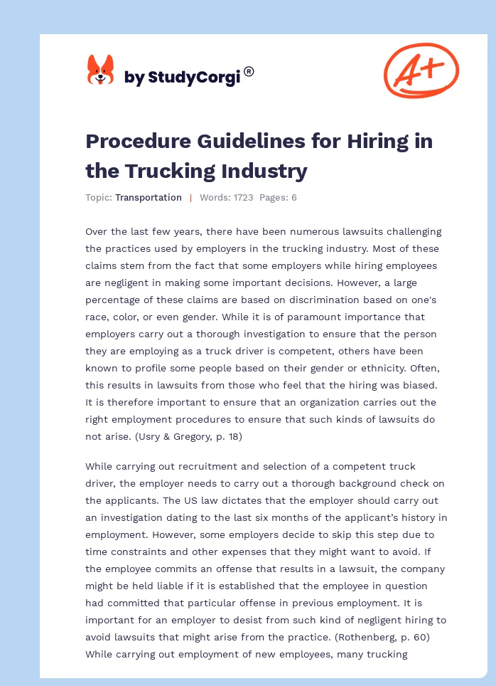Procedure Guidelines for Hiring in the Trucking Industry. Page 1