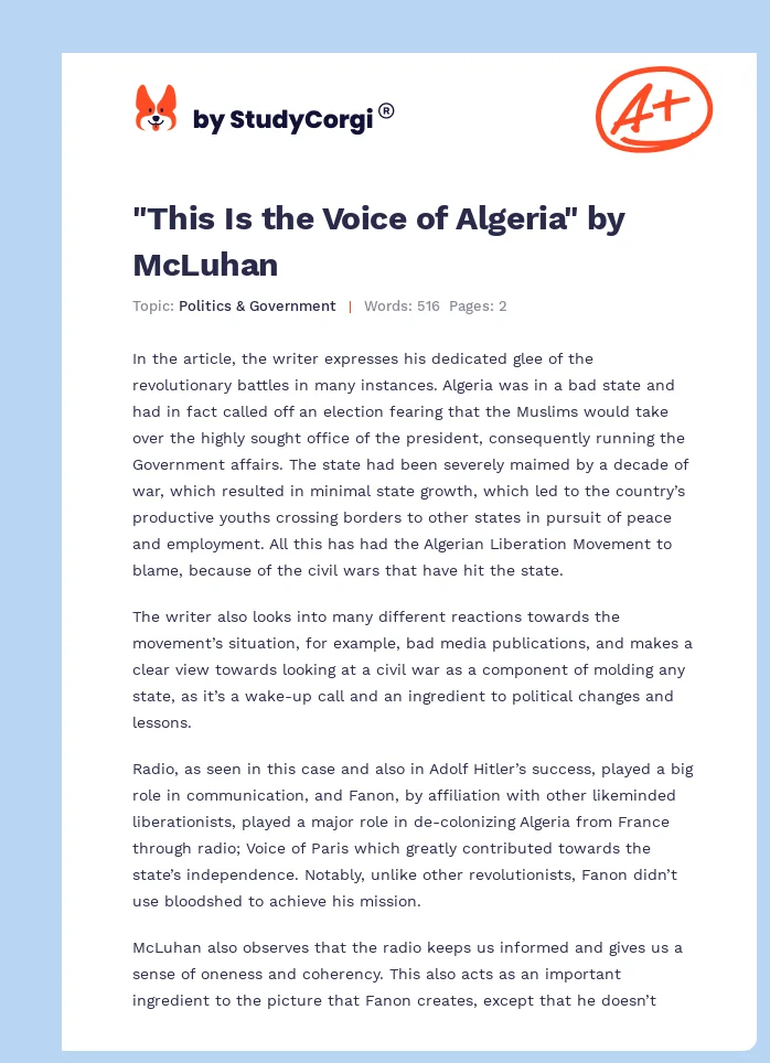 "This Is the Voice of Algeria" by McLuhan. Page 1