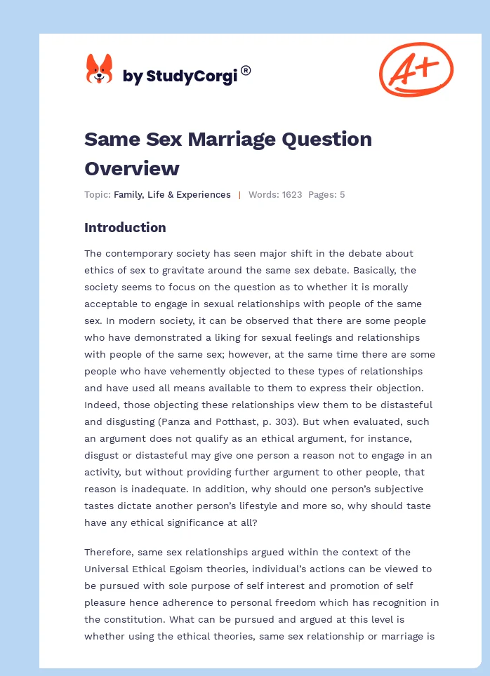 Same Sex Marriage Question Overview. Page 1