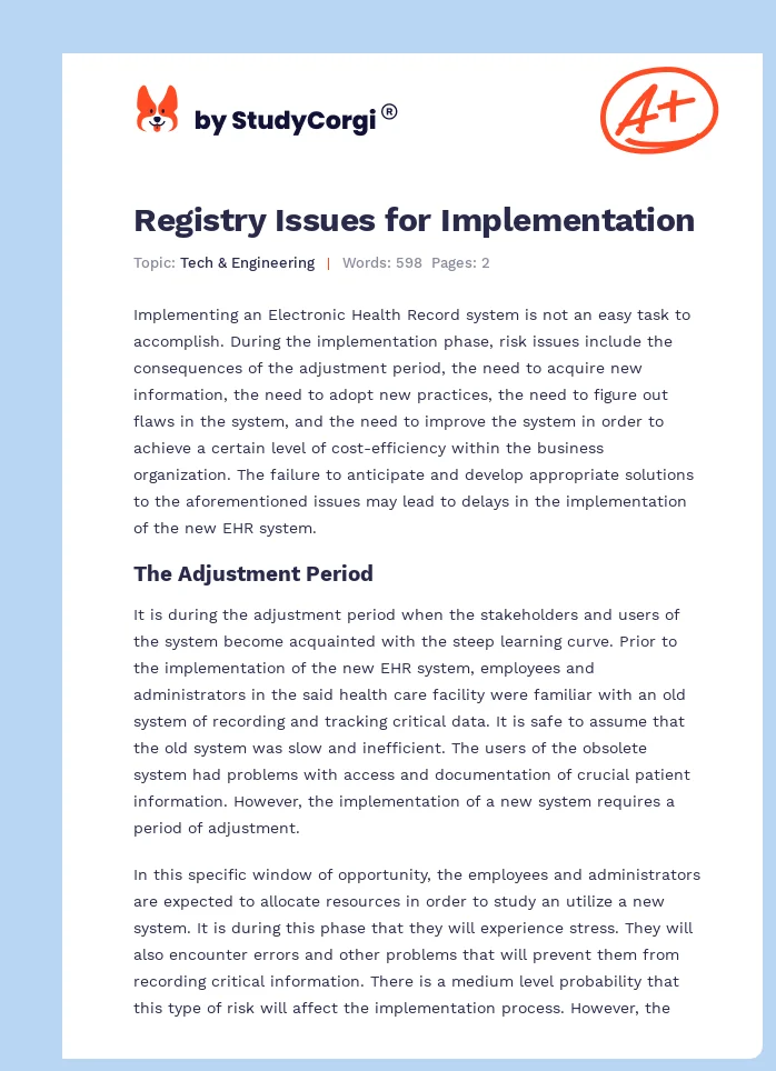 Registry Issues for Implementation. Page 1