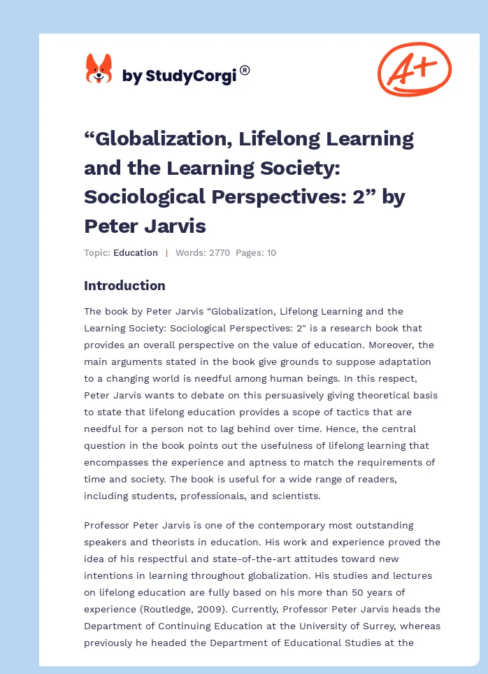 “Globalization, Lifelong Learning and the Learning Society: Sociological Perspectives: 2” by Peter Jarvis. Page 1