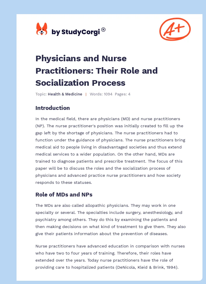 Physicians and Nurse Practitioners: Their Role and Socialization Process. Page 1