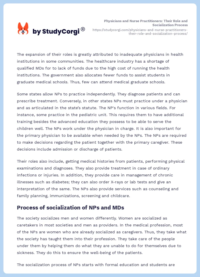 Physicians and Nurse Practitioners: Their Role and Socialization Process. Page 2