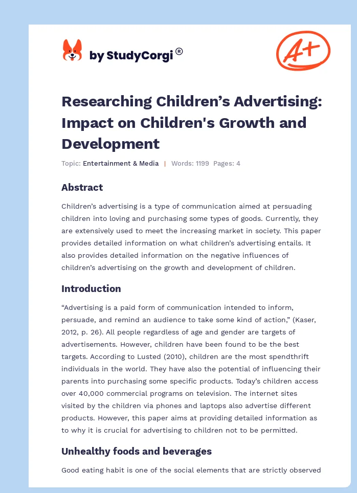 Researching Children’s Advertising: Impact on Children's Growth and Development. Page 1
