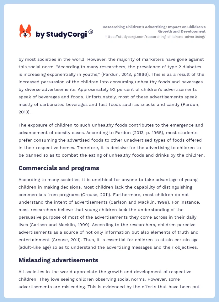 Researching Children’s Advertising: Impact on Children's Growth and Development. Page 2