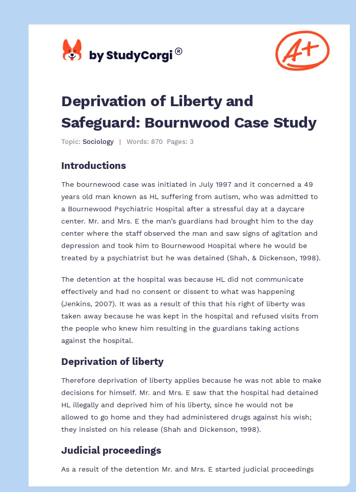 Deprivation of Liberty and Safeguard: Bournwood Case Study. Page 1