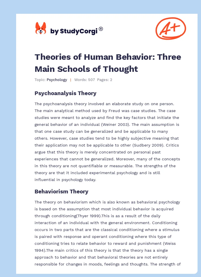 Theories of Human Behavior: Three Main Schools of Thought. Page 1