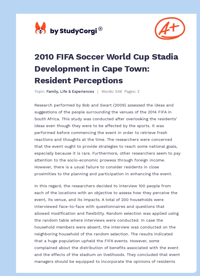 2010 FIFA Soccer World Cup Stadia Development in Cape Town: Resident Perceptions. Page 1