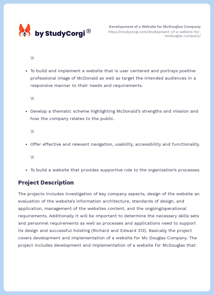 Development of a Website for McDouglas Company. Page 2