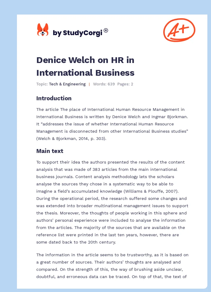 Denice Welch on HR in International Business. Page 1