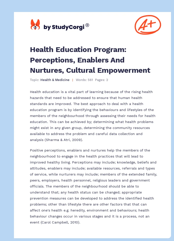 Health Education Program: Perceptions, Enablers And Nurtures, Cultural Empowerment. Page 1
