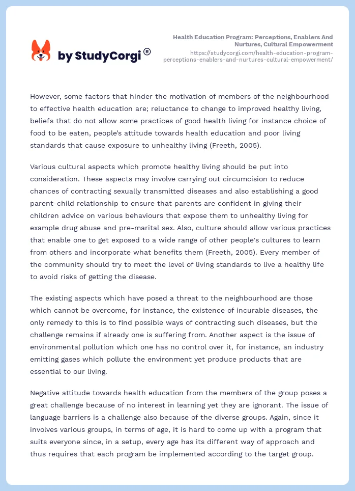 Health Education Program: Perceptions, Enablers And Nurtures, Cultural Empowerment. Page 2