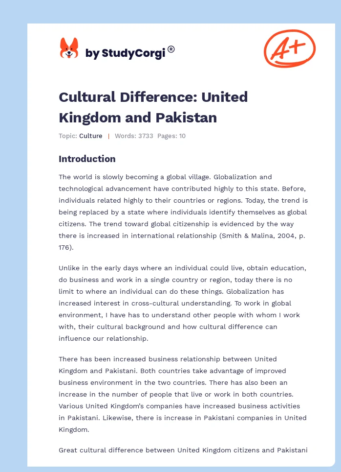 Cultural Difference: United Kingdom and Pakistan. Page 1