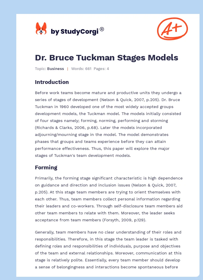 Dr. Bruce Tuckman Stages Models. Page 1
