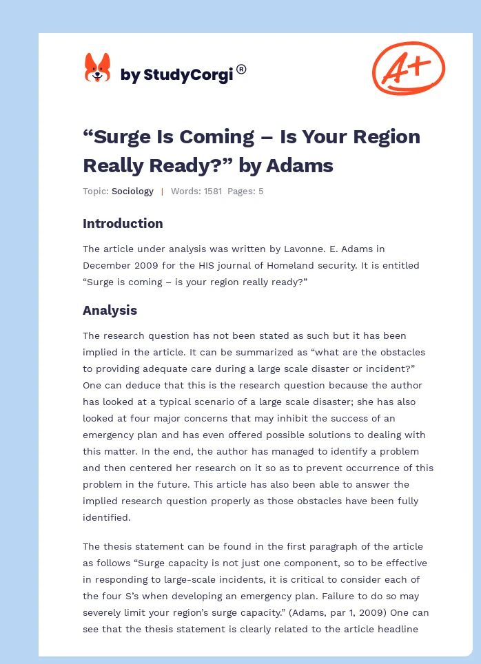 “Surge Is Coming – Is Your Region Really Ready?” by Adams. Page 1