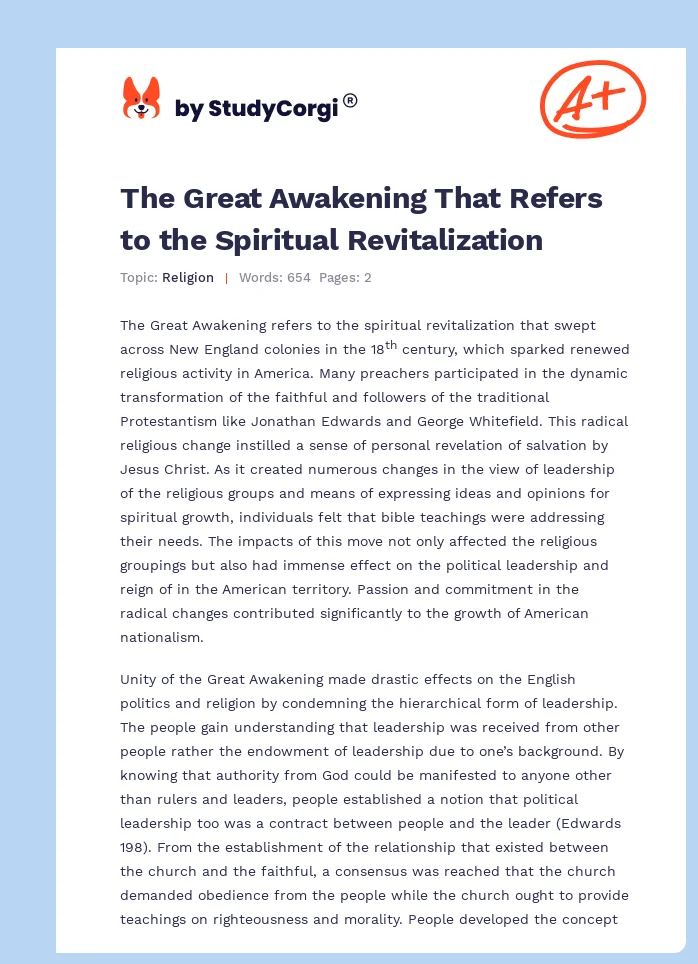 The Great Awakening That Refers to the Spiritual Revitalization. Page 1