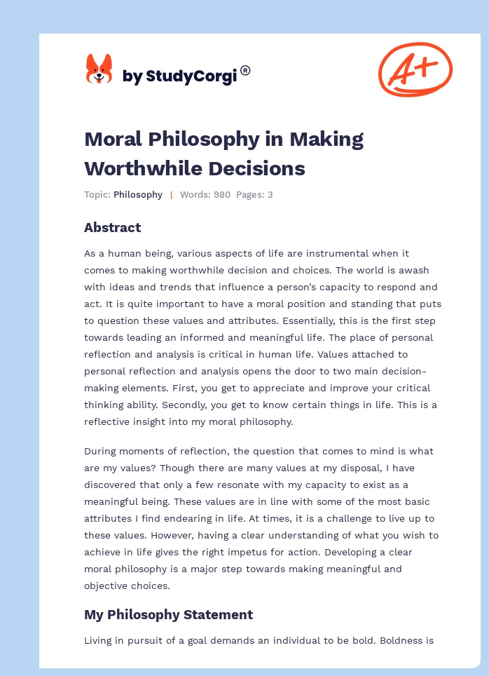 Moral Philosophy in Making Worthwhile Decisions. Page 1