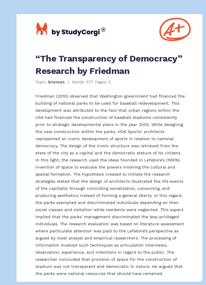 “The Transparency of Democracy” Research by Friedman. Page 1