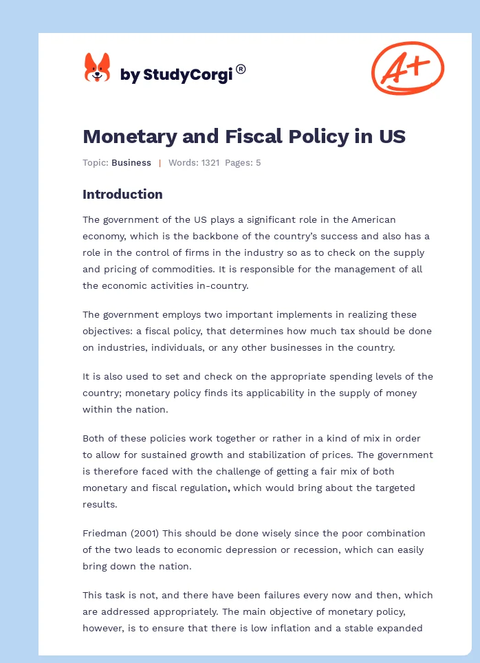 Monetary and Fiscal Policy in US. Page 1