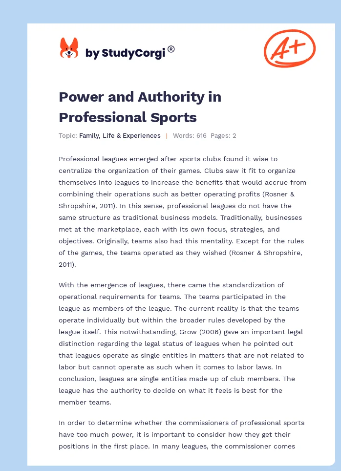 Power and Authority in Professional Sports. Page 1