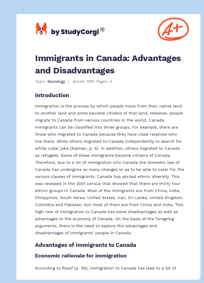 Immigrants in Canada: Advantages and Disadvantages. Page 1