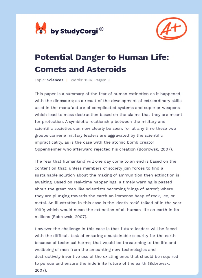 Potential Danger to Human Life: Comets and Asteroids. Page 1