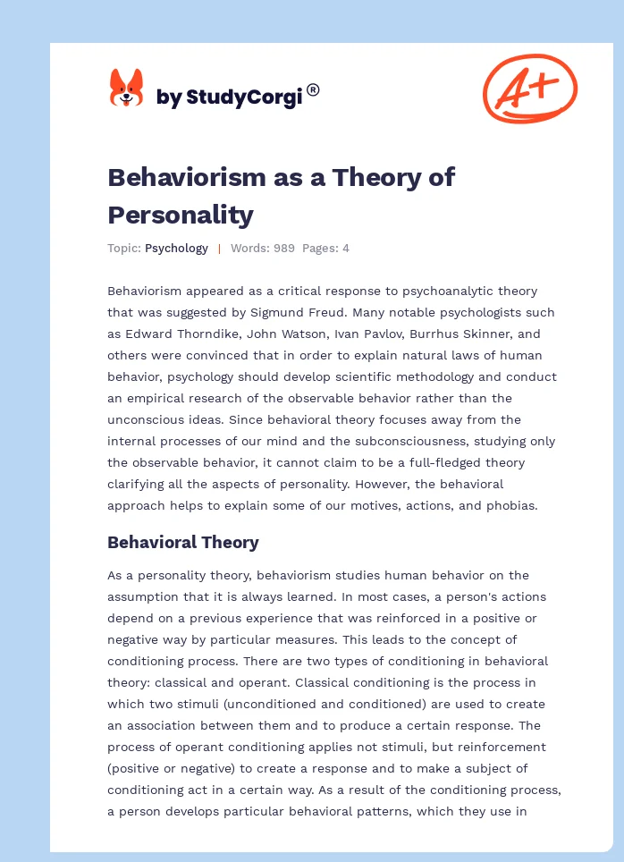 Behaviorism as a Theory of Personality. Page 1