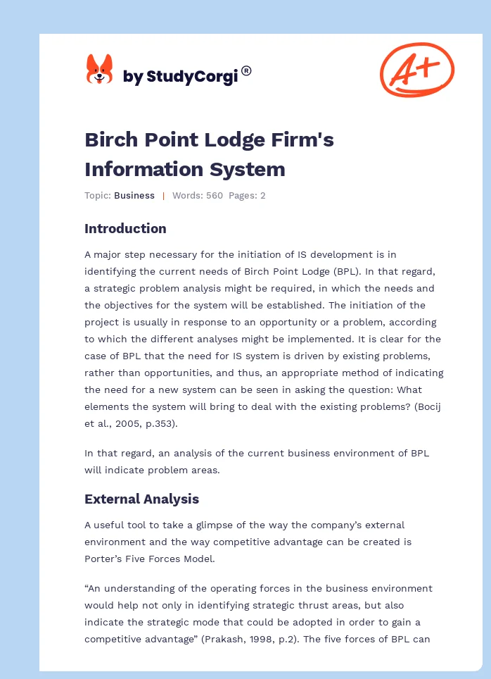 Birch Point Lodge Firm's Information System. Page 1