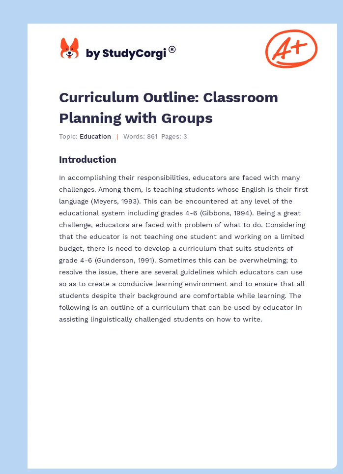 Curriculum Outline: Classroom Planning with Groups. Page 1