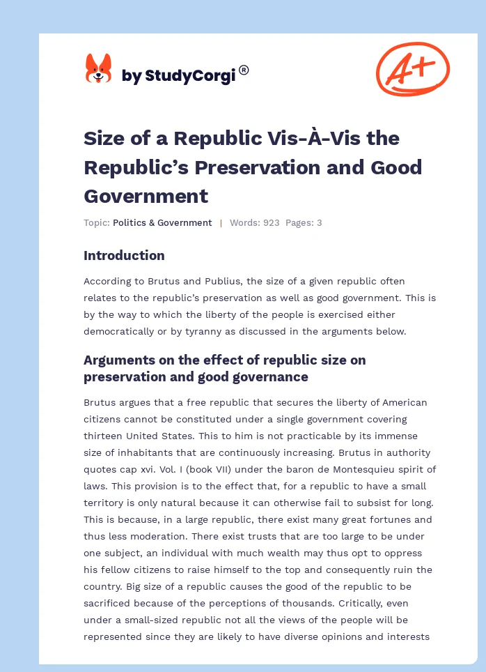 Size of a Republic Vis-À-Vis the Republic’s Preservation and Good Government. Page 1