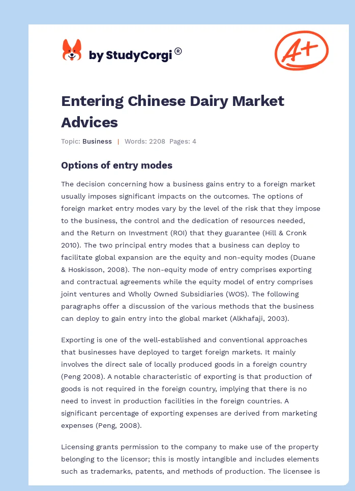 Entering Chinese Dairy Market Advices. Page 1