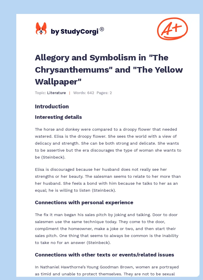 Allegory and Symbolism in "The Chrysanthemums" and "The Yellow Wallpaper". Page 1