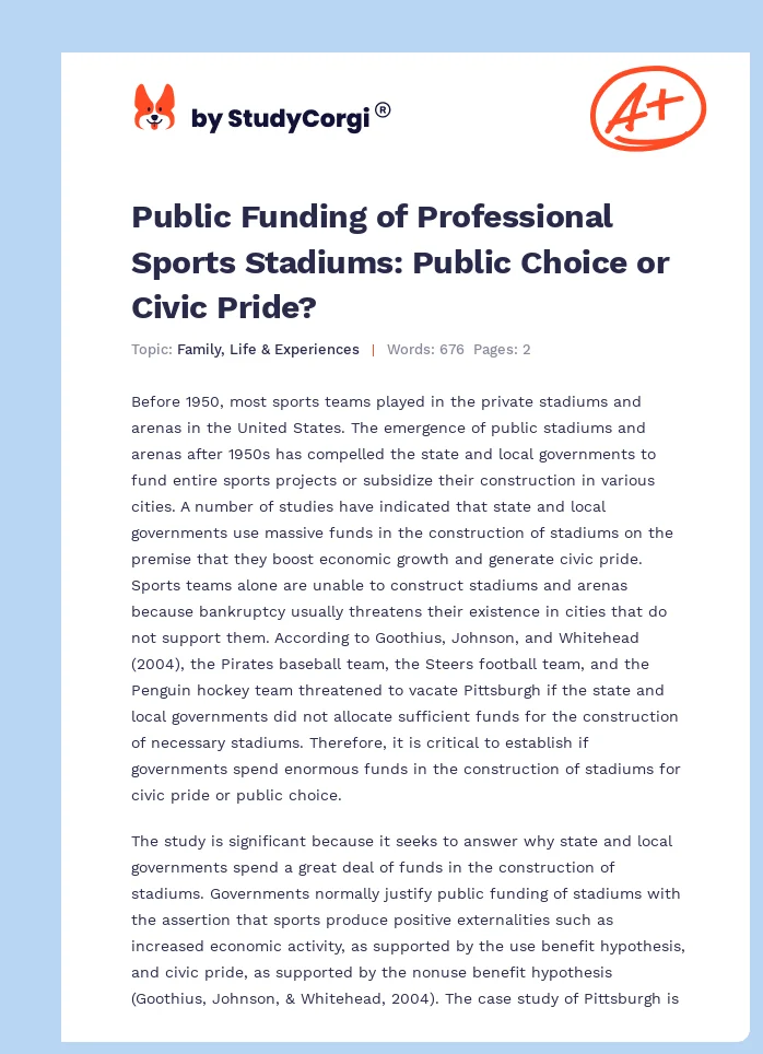 Public Funding of Professional Sports Stadiums: Public Choice or Civic Pride?. Page 1